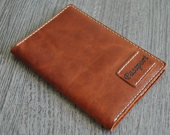 Leather Passport Cover Hand-stitched Brown Pull Up