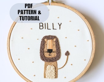 Personalised name lion scandi embroidery pattern, baby name platebaby boy embroidery, circus lion head, nursery sign gift DIY custom name
