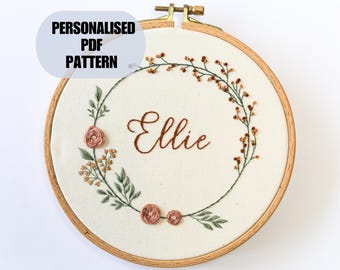 Wildflower Custom Baby Name Sign Embroidery Pattern, Native floral wreath Hoop Art, Personalised Digital PDF, Nursery birth announcement