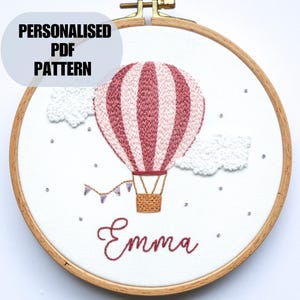Personalised hot air balloon embroidery pattern, video tutorial, baby girl nursery decor, instant download DIY pink design custom name gift