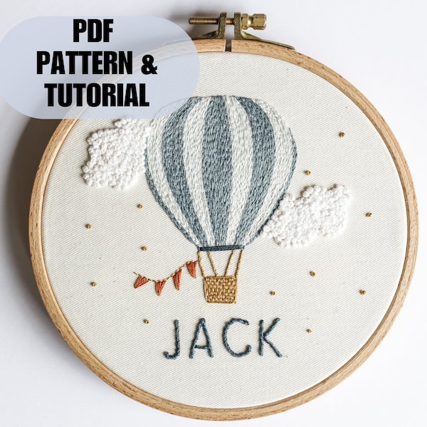 Personalised hot air balloon embroidery pattern baby boy nursery decor gift, instant download DIY embroidery project design custom name gift