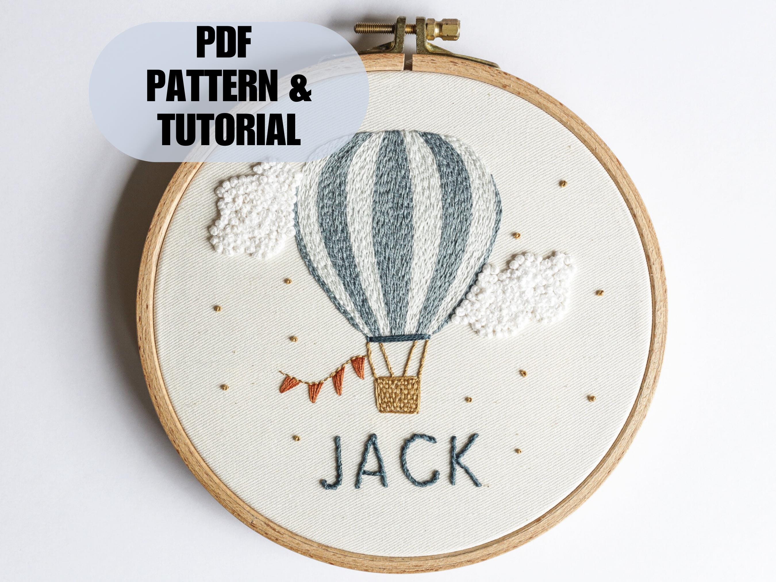 Personalised hot air balloon embroidery pattern baby boy nursery decor gift, instant download DIY embroidery project design custom name gift