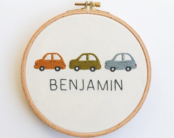 Personalised car vehicle hand embroidery pattern, baby shower gift, boy nursery decor wall art. Digital pattern, custom name gift
