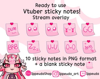 May include: Ten pink sticky notes with different cartoon faces and text, including "DUM", "GG", "BRB", "Zzz", "UwU", "0w0", and "Angry".  There is also a blank sticky note.  The notes are on a pink background with the text "Ready to use Vtuber sticky notes! Stream overlay" at the top.