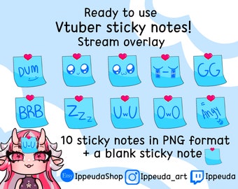 May include: Ten blue sticky notes with different text and emojis, including "DUM", "BRB", "Zzz", "UwU", "Owo", "Angry", "GG", and two with smiley faces. The notes have pink hearts on top. There is also a blank blue sticky note. The text "10 sticky notes in PNG format + a blank sticky note" is below the notes.