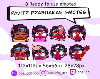 May include: Eight animated emotes featuring a cartoon character with dark purple hair, red and white clothing, and various expressions. The emotes are in different sizes: 112x112 pixels, 56x56 pixels, and 28x28 pixels.