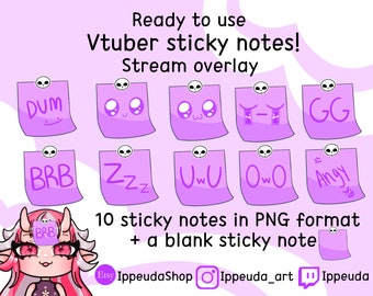 May include: Ten purple sticky notes with various text and images, including "BRB", "Z-Z-Z", "UwU", "Owo", "Angry", "GG", "Dum", and two different smiley faces. The notes are in PNG format and include a blank sticky note.