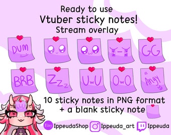 May include: Ten purple sticky notes with various text and emojis, including "DUM", "BRB", "Z-Z-Z", "UwU", "Owo", "Angry", "GG", "0-0", and a blank note. The notes have pink hearts on top. The text "Ready to use Vtuber sticky notes! Stream overlay" is at the top of the image. The text "10 sticky notes in PNG format + a blank sticky note" is at the bottom of the image.