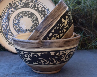 Handmade Pottery Salad Bowl, Floral Print Ceramic Bowl, Housewarming Gift