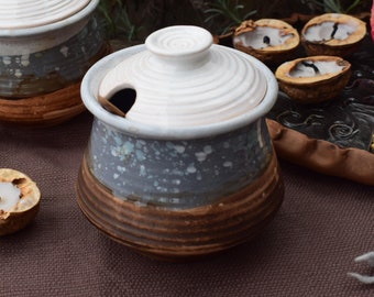 Small Sugar Bowl with Lid and Spoon, Ceramic Sugar Container, Rustic earthenware jar, Storage jars