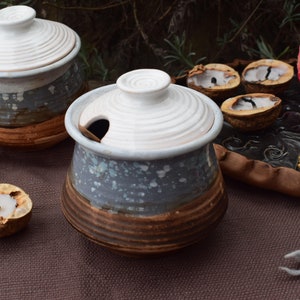 Small Sugar Bowl with Lid and Spoon, Ceramic Sugar Container, Rustic earthenware jar, Storage jars