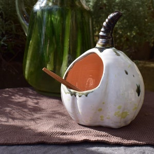 Pottery Jar for Sugar and Salt,  Pumpkin Pot with Bronze Cover, Ceramic Pumpkin Kitchen Decor, White Ceramic Pumpkin, Housewarming Gift