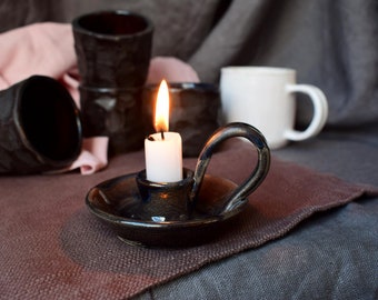 Small handmade ceramic candle holder, Black candlestick, Unique aesthetic, Pottery candelsticks holder, Ceramic decor