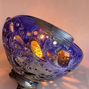 Hand-Carved Blue Ceramic Pendant Light, Openwork Lace Floral Ceiling Lamp
