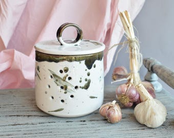Handmade Ceramic Garlic Jar: White Kitchen Storage Keeper