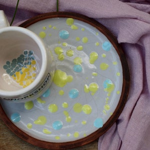 Gray ceramic saucer with blue and yellow dot, Small pottery plate for cake, Handmade Ceramic Dish, Breakfast Dinnerware, New home gift image 4