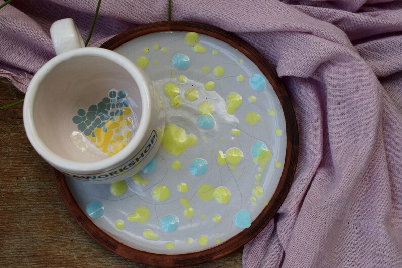 Gray ceramic saucer with blue and yellow dot, Small pottery plate for cake, Handmade Ceramic Dish, Breakfast Dinnerware, New home gift image 4