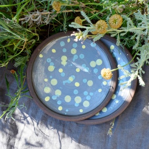 Gray ceramic saucer with blue and yellow dot, Small pottery plate for cake, Handmade Ceramic Dish, Breakfast Dinnerware, New home gift image 3