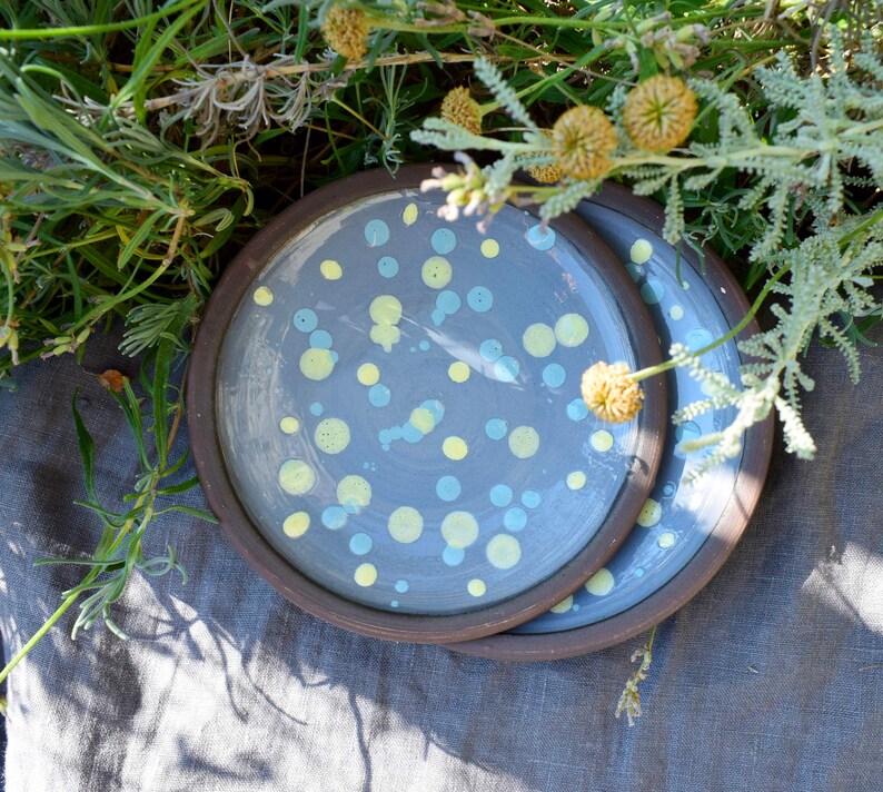 Gray ceramic saucer with blue and yellow dot, Small pottery plate for cake, Handmade Ceramic Dish, Breakfast Dinnerware, New home gift image 3