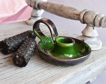 Handmade Green Ceramic Candlestick Holder: Pottery Decor