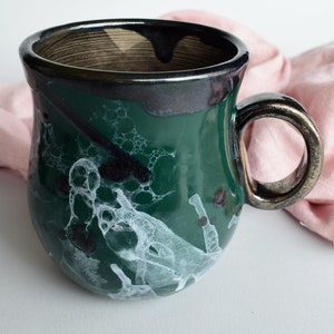 Green Pottery Stoneware Mug, Large ceramic cup for coffee, tea and cocoa, Coffee Lover Gift