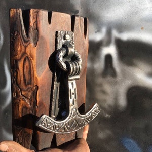Wrought iron viking hand knocker, Thor&#39;s Hammer, Rustic Door Knocker, Scandinavian pagan medieval instrument.