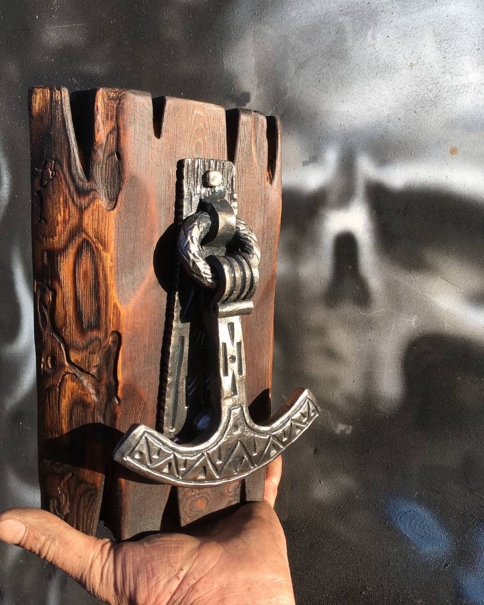 Wrought iron viking hand knocker, Thor's Hammer, Rustic Door Knocker, Scandinavian pagan medieval instrument.