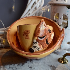 Ceramic bowl and cup with a fox, A magical sleeping fox, Dishes for children, Whimsical fox dinner bowl and cup for kids