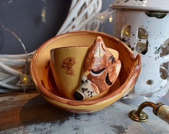 Ceramic bowl and cup with a fox, A magical sleeping fox, Dishes for children, Whimsical fox dinner bowl and cup for kids