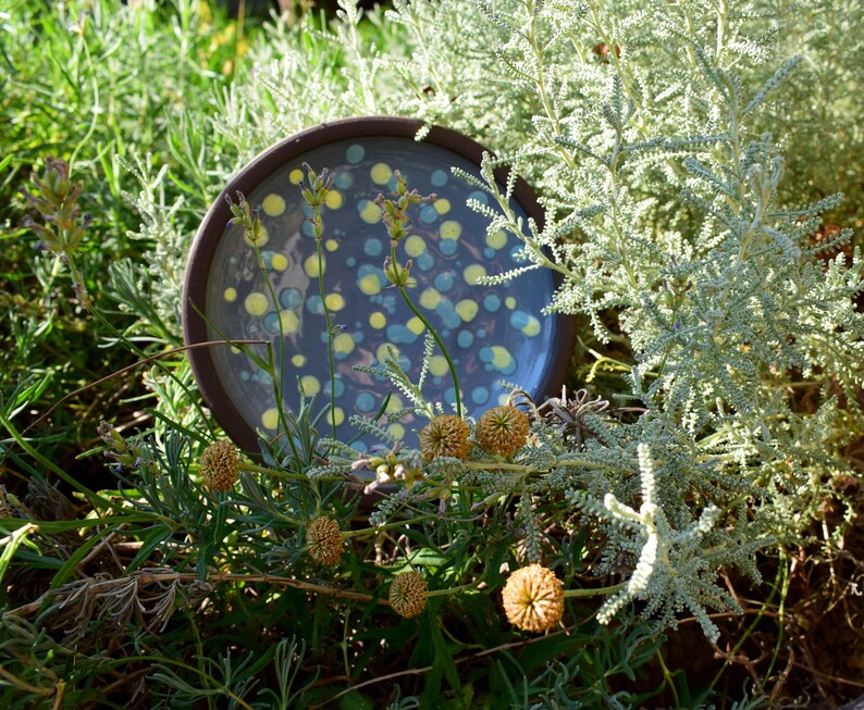 Gray ceramic saucer with blue and yellow dot, Small pottery plate for cake, Handmade Ceramic Dish, Breakfast Dinnerware, New home gift image 9