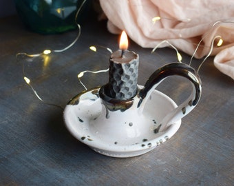 An elegant candle holder, White candlestick with a bronze edge, Pottery candelsticks, Ceramic decor