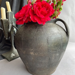 Large Antique Black Pottery Jug: Rustic Smoked Ceramic Vessel