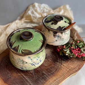 Handmade Ceramic Pot with Lid and Spoon , Rustic Floral Design