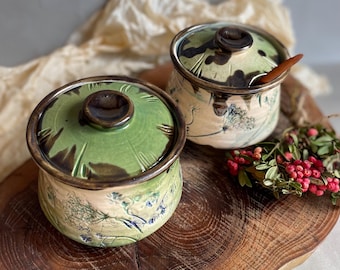 Handmade Ceramic Pot with Lid and Spoon , Rustic Floral Design