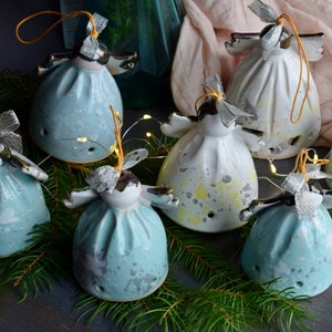 Ceramic Ornaments, Small Pottery Bells Angels, Blue Ceramic Christmas Tree Decorations, Home Decor Gift for Mom