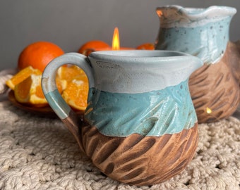 Small Ceramic Creamer Cup, Blue Rustic Pot, Modern Cute, Tiny Pottery Mug for Milk/Cream/Coffee