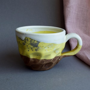 Pottery Coffee Cup, Yellow and White Ceramic Mugs, Stoneware Rustic Ceramic Coffee Cup, Vegan Pottery, Housewarming Gift image 1