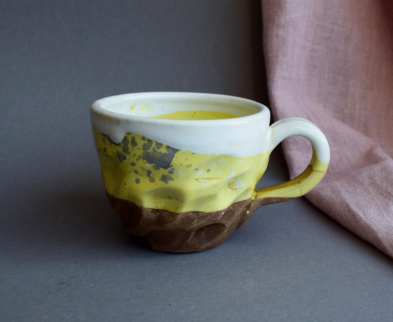 Pottery Coffee Cup, Yellow and White Ceramic Mugs, Stoneware Rustic Ceramic Coffee Cup, Vegan Pottery, Housewarming Gift image 1