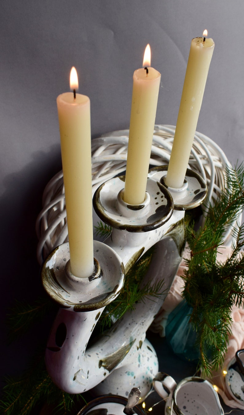 Exquisite Trinity Candlestick, White Ceramic Candlestick, Minimal Pottery Candlestick Holder, Decor for the interior image 2