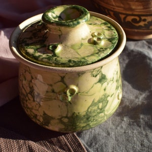 French Butter Keeper with bubble print, Green Covered Butter Dish, French Buttercup, Cooking Gift Ceramic Butter Dish