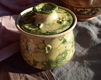 French Butter Keeper with bubble print, Green Covered Butter Dish, French Buttercup, Cooking Gift Ceramic Butter Dish