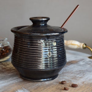 Black Sugar Bowl with Lid and Spoon, Ceramic Sugar Container, Storage jars