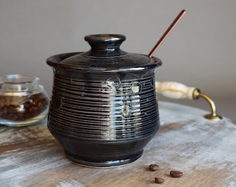 Black Sugar Bowl with Lid and Spoon, Ceramic Sugar Container, Storage jars