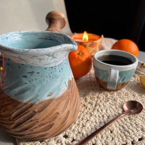 Clay Coffee Turk, Ceramic Cezve, Blue  Brown Rustic Coffee-pot, Eco-clay Cezve Coffee, Coffee Lover Gift