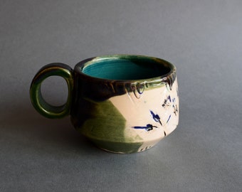 Pottery Tea Mug with original floral prints, Gift For Her, Coffee Lover, Handmade Artisan Cup, Unique Cup