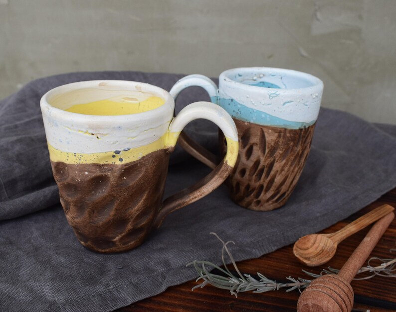 Set of two Rustic Ceramic Mugs, Coffee Cups, With love from Ukraine, Organic Eco Ceramic Art, Blue and Yellow glass Glaze image 9