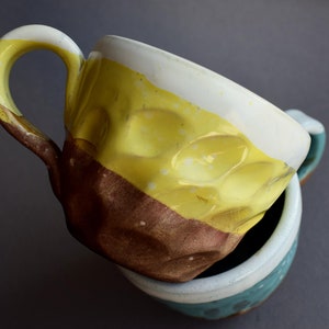 Pottery Coffee Cup, Yellow and White Ceramic Mugs, Stoneware Rustic Ceramic Coffee Cup, Vegan Pottery, Housewarming Gift image 7