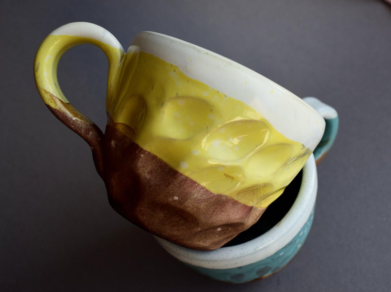 Pottery Coffee Cup, Yellow and White Ceramic Mugs, Stoneware Rustic Ceramic Coffee Cup, Vegan Pottery, Housewarming Gift image 7