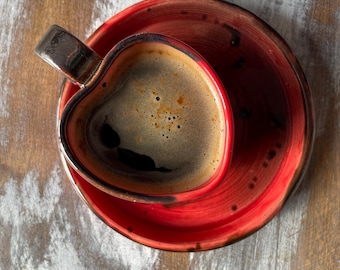 Handmade Ceramic Heart Mug & Saucer: Red Espresso Cup, Gift for Lovers