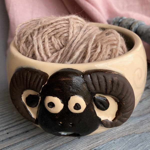 Ceramic yarn bowl, Pottery knitting bowl, Ram balls of thread, Knitting and crochet accessory, Best Mom Gift, Housewarming Gift